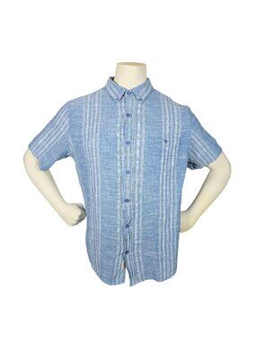 Weatherproof Vintage Men XL Blue Striped Linen Cotton Short Sleeve Button Up